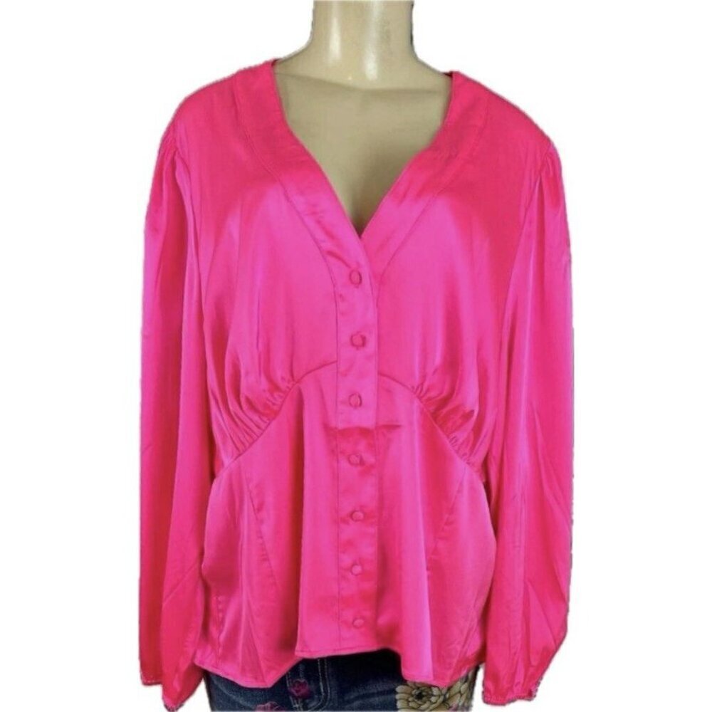 Torrid +5 Hot Pink Satin V-Neckline Button Down Fitted Waist Long Sleeve Blouse - Picture 2 of 6